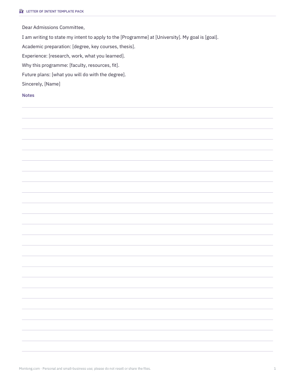 Preview of Graduate Letter of Intent Template