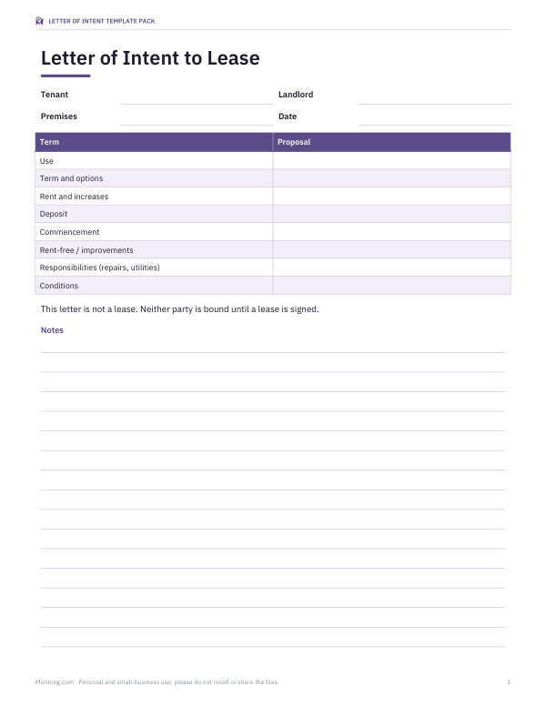 Preview of Lease Letter of Intent Template