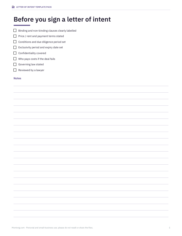 Preview of Pre-Signing Checklist for Letter of Intent